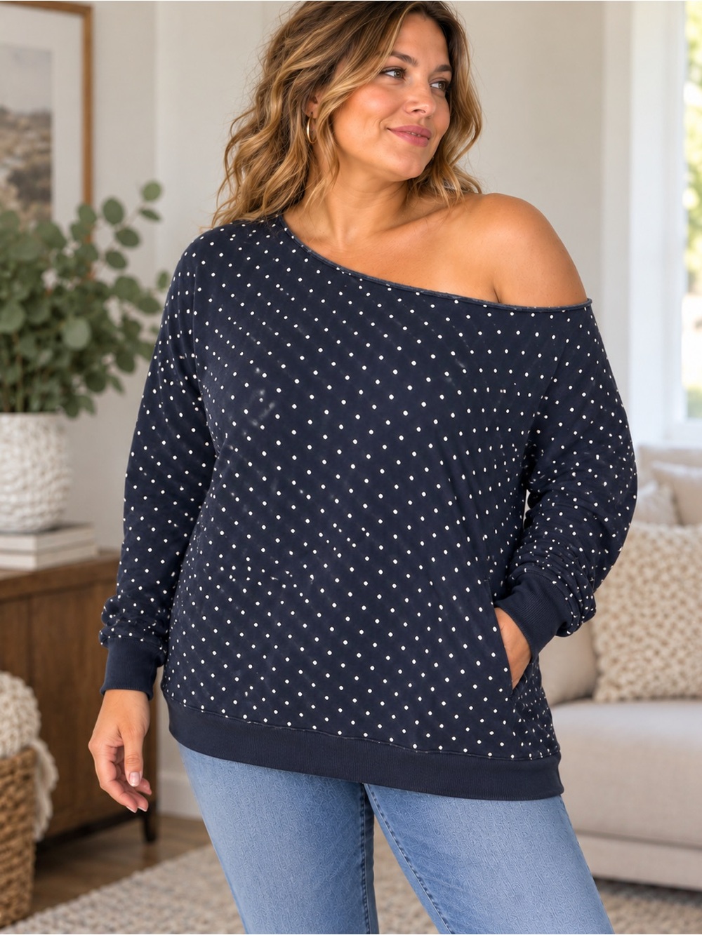 Wild Fable Navy Polka Dot Off Shoulder Sweatshirt Size L POCKETS